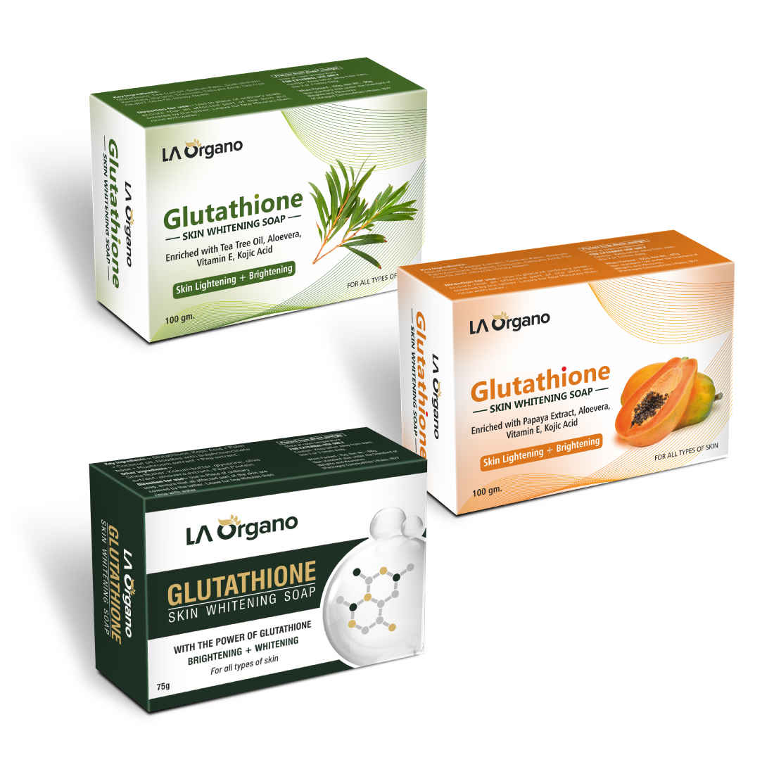 Buy LA Organo Glutathione Soap for Skin Whitening - Tea Tree Soap for Face Whitening + Papaya Soap for Lightening + Classic Glutathione Soap for Dark Skin Brightening,100g each (Pack of 3) - Purplle