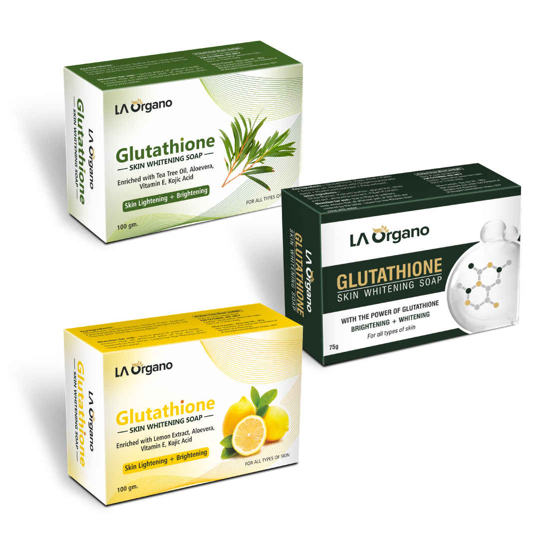 Buy LA Organo Glutathione Soap for Skin Whitening - Tea Tree Oil Soap for Face Whitening + Glutathione Original Soap + Lemon Soap for Dark Skin Brightening,100g each (Pack of 3) - Purplle