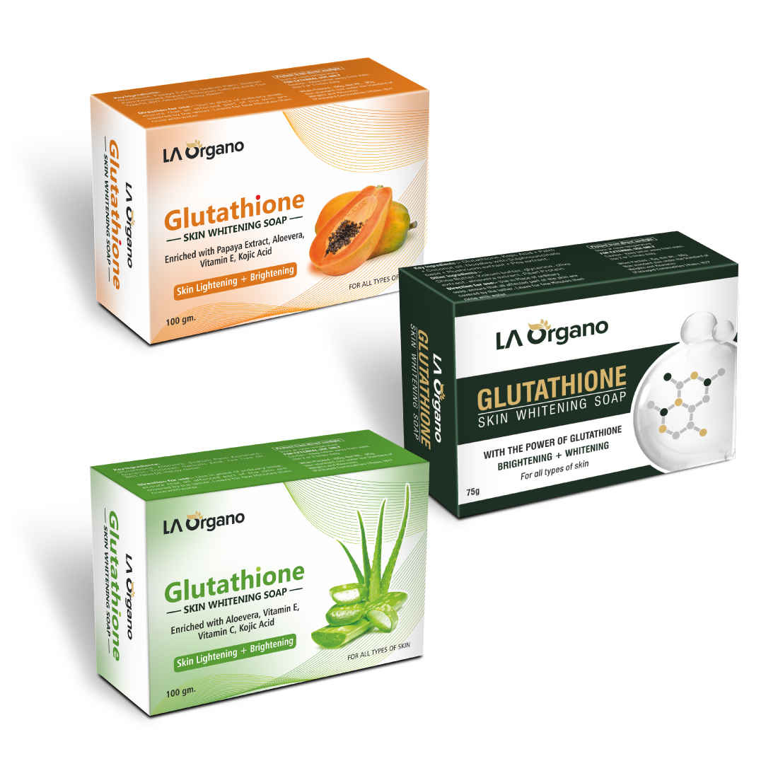 Buy LA Organo Glutathione Soap for Skin WhiteningGlutathione Papaya Soap +  Glutathione Face Whitening Soap + Glutathione Aloe Vera Soap - Dark Skin  Lightening and Brightening,100g each (Pack of 3) Online | Purplle