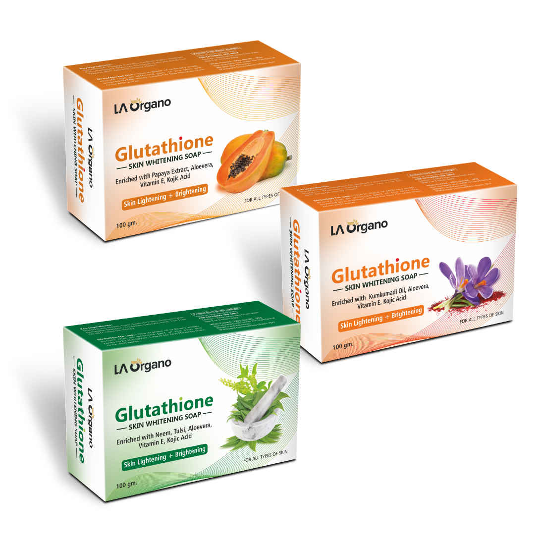 Buy LA Organo Glutathione Soap for Skin WhiteningGlutathione Papaya Soap +  Glutathione Kumkumadi Face Whitening Soap + Glutathione Tulsi Soap for Skin  Lightening, Brightening,100g each (Pack of 3) Online