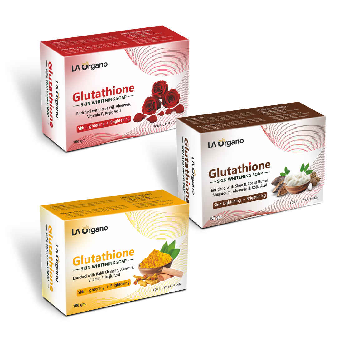 Buy LA Organo Skin Whitening Soaps – Glutathione Rose Skin Whitening Soaps for Dark Skin + Glutathione Shea Cocoa Butter Soap for Face Whitening + Glutathione Haldi Chandan Skin Lightening and Brightening,100g each (Pack of 3) - Purplle