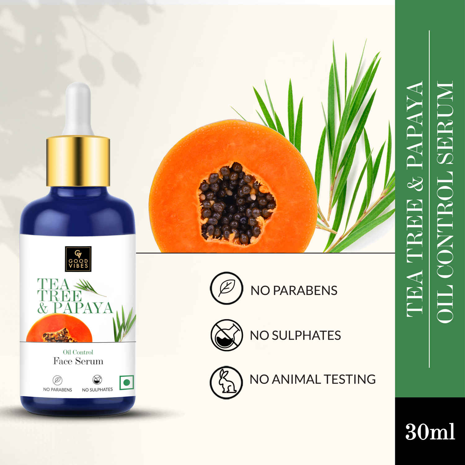 Buy Good Vibes Tea Tree & Papaya Oil Control Serum | Even Skin Tone Brightening | With Castor Oil | No Parabens No Sulphates No Mineral Oil (30 ml) - Purplle