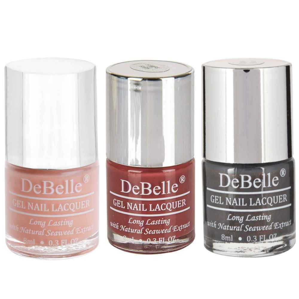 Buy DeBelle Gel Nail Polish Combo Set of 3 - Choco Latte (Pastel Brown), Scarlet Ruby (Scarlet Red), Copper Glaze (Dark Grey) - 8ml Each - Purplle