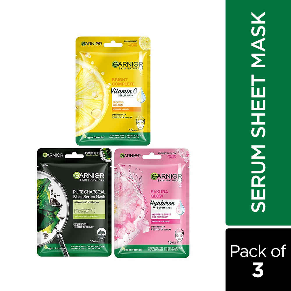 Buy Garnier Skin Naturals Face Serum Sheet Mask (1 Vitamin C Serum + 1 Charcoal + 1 Sakura) (Pack Of 3) - Purplle
