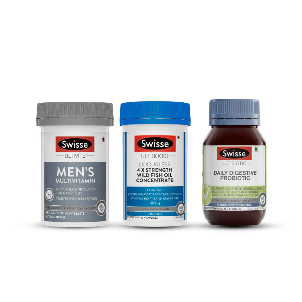 Buy Swisse Men's Health Combo-Mens Multivitamins 60 Tablets,Daily Digestive Probiotic 30 Capsules & 4 X Strength Odrls Wild Fish Oil 60 Capsules - Purplle