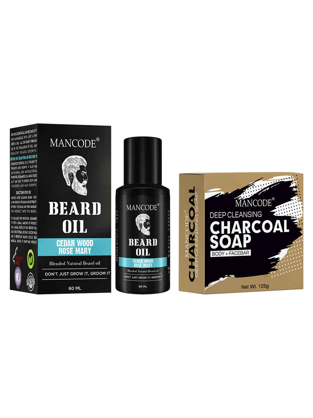 Buy Mancode Beard Oil Cedarwood & Rose Mary, 60ml And Charcoal Deep Cleansing Soap, 125gm (pack of 2) - Purplle