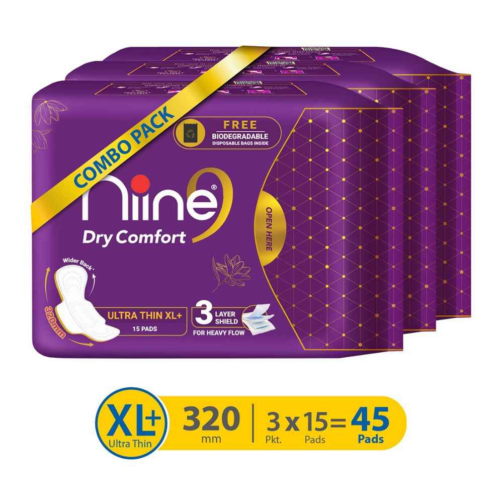 Buy Niine Dry Comfort Ultra Thin XL+ SUPER SAVER Sanitary Napkins for women, With Biodegradable disposable bags inside(Pack of 3), 45 Pads Count for HEAVY FLOW - Purplle