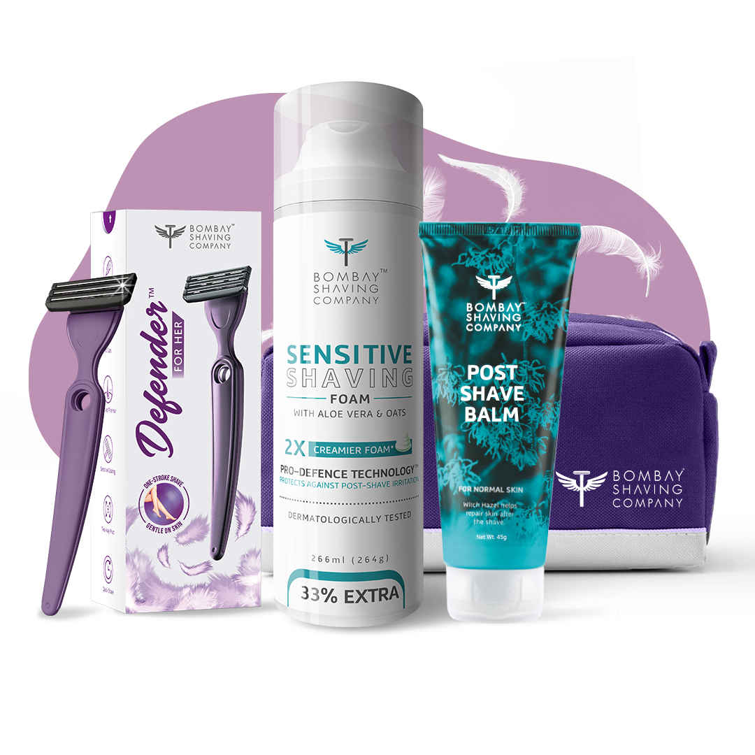 Buy Bombay Shaving Company Defender For Her 3-in-1 Shaving Kit Combo For Women | Body Razor For Women, Sensitive Shaving Foam & Post-Shave Moisturising Balm Enriched with Aloe Vera, Vitamin E & Olive Oil - Purplle