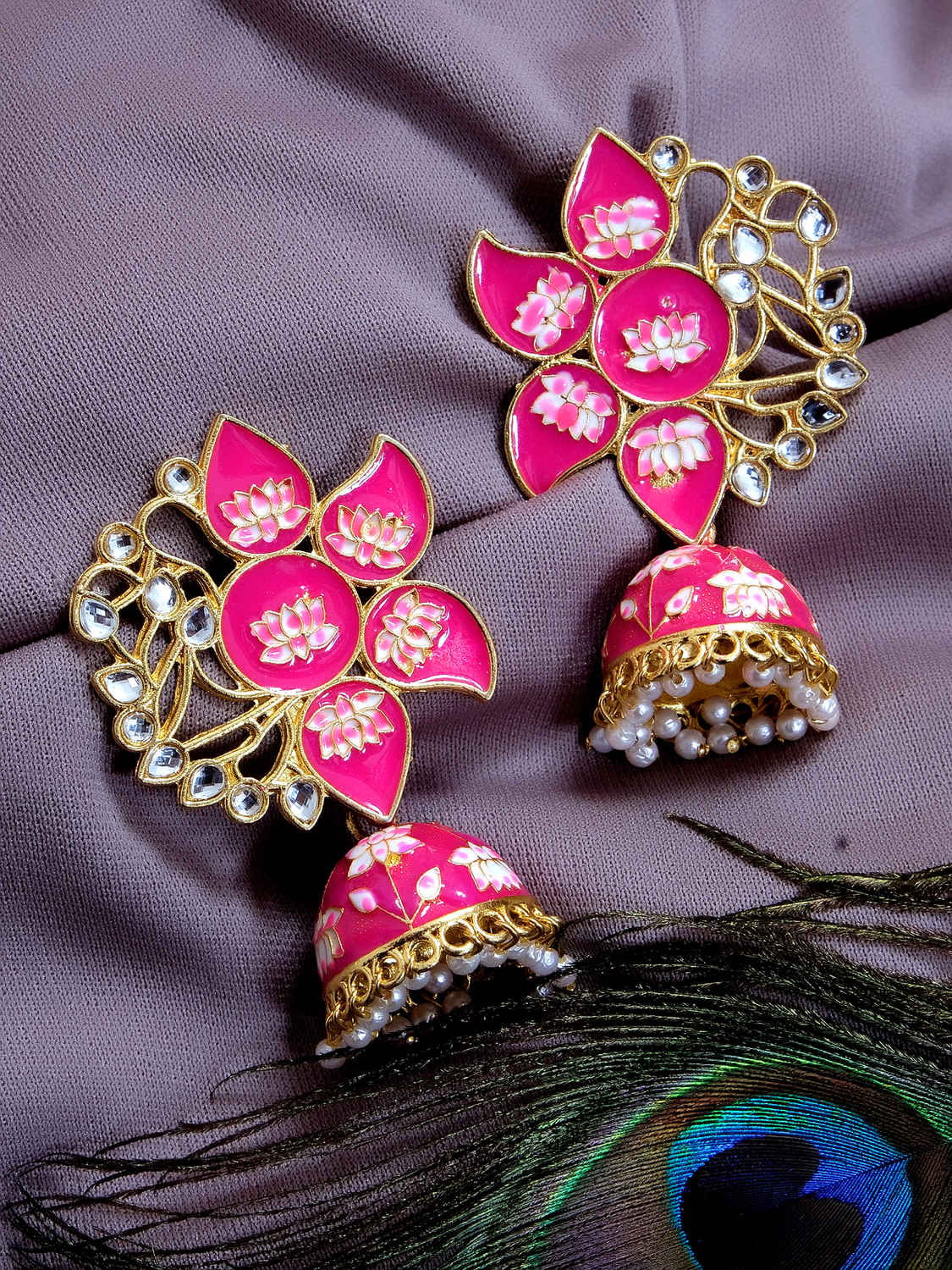 Buy Crunchy Fashion Gold Plated Lotus Design Pink Jhumki Earrings - Purplle