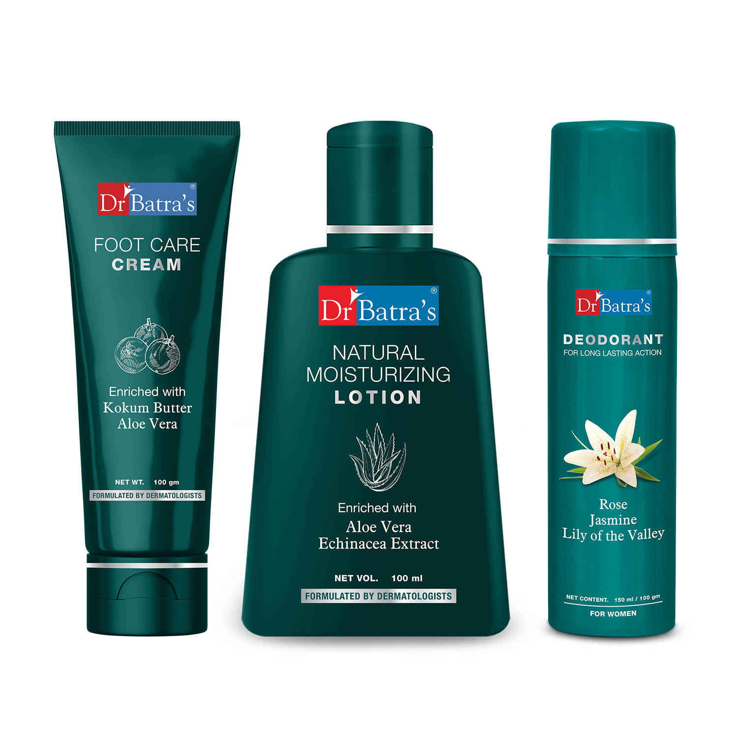 Buy Dr Batra's Natural Moisturising Lotion 100 ml, Deo For Women 100 G and Foot Care Cream 100 ml(Pack of 3 For Women) - Purplle