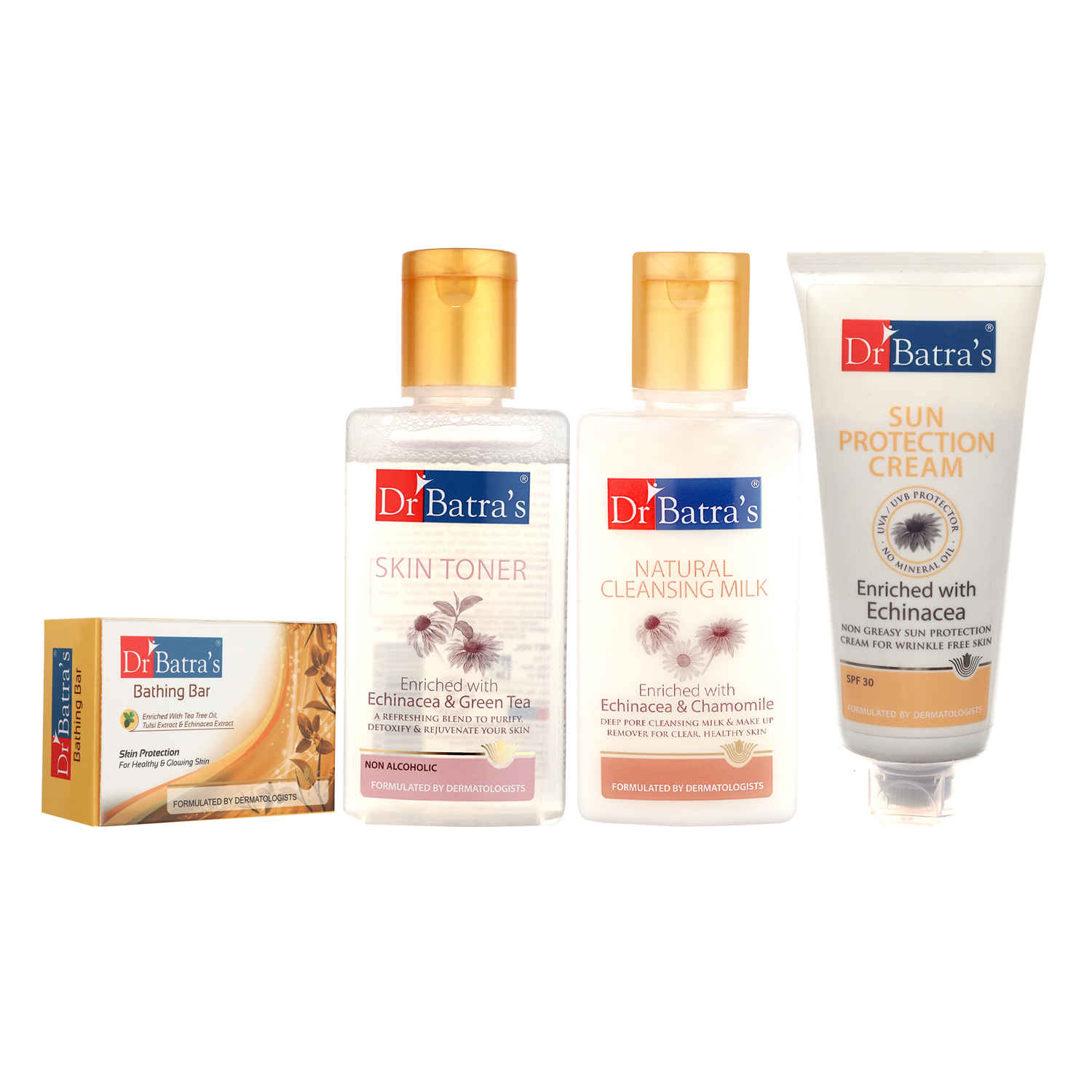 Buy Dr Batra`s Skin Toner 100ml, Natural Cleansing Milk 100 ml, Sun Protection Cream 100 ml and Skin Protection Bathing Bar 125G (Pack of 4 Men and Women) - Purplle