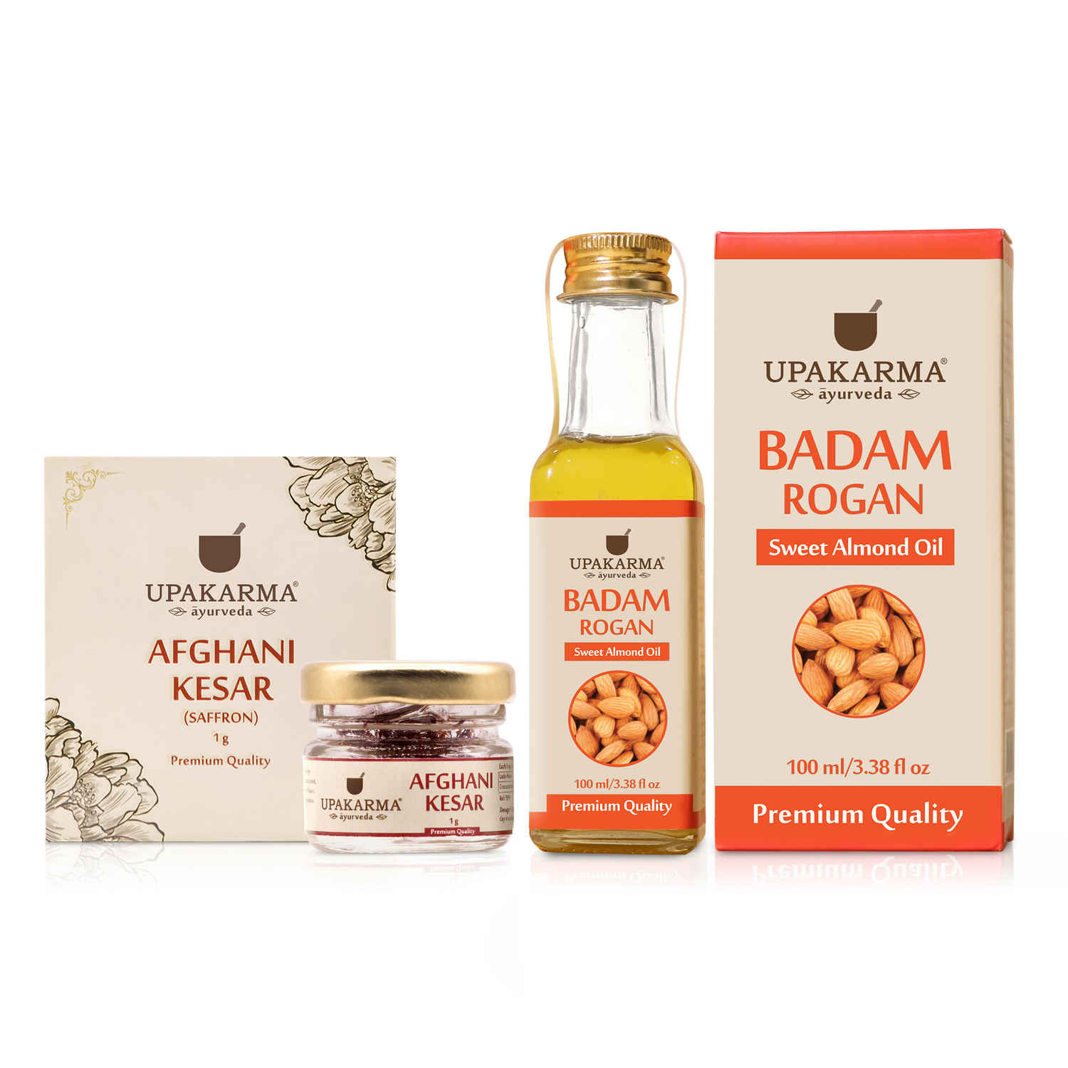 Buy Upakarma Ayurveda Pure Sweet Almond/Badam Rogan Oil 100 ml and 1 Gram Kashmir Kesar/Saffron Combo - Purplle
