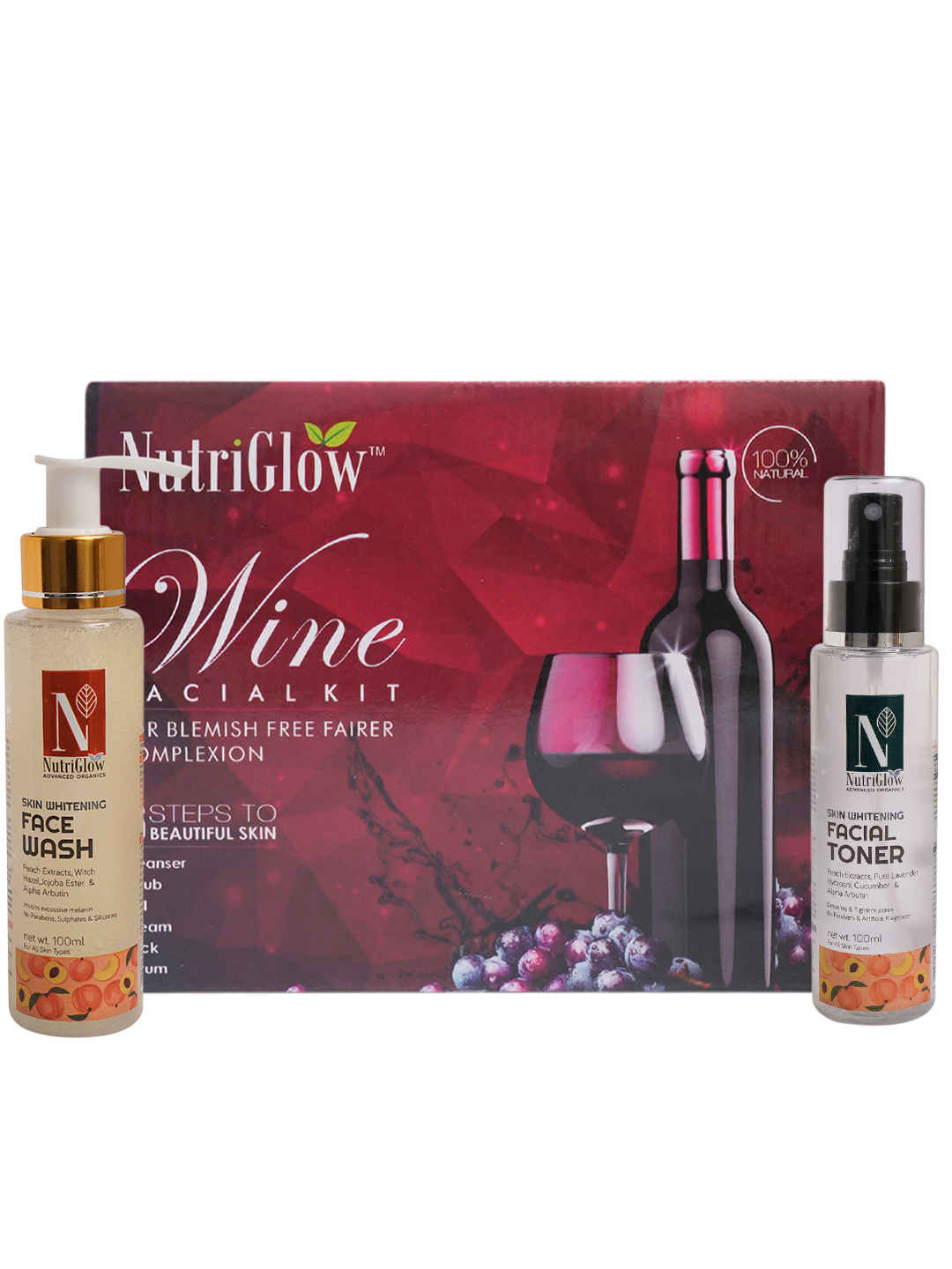 Buy NutriGlow Wine Facial Kit (250gm + 10ml)/ Advanced Organics Skin Whitening Face Wash (100ml) and Facial Toner (100ml) For Tightens Pores, Detoxifies Skin - Purplle