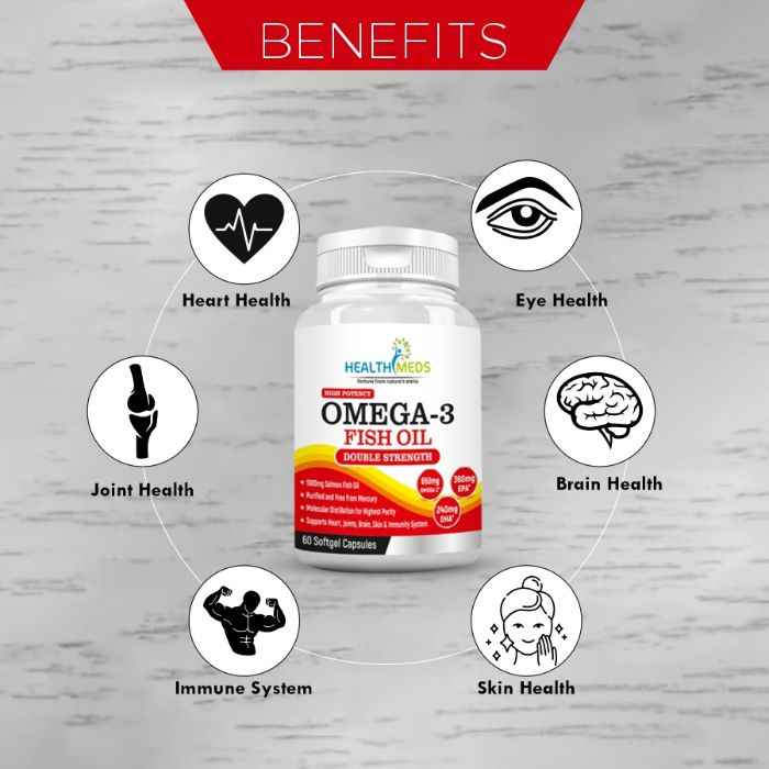 Buy Healthmeds Double Strength Omega 3 Fish Oil 1000Mg (360Mg Epa & 240Mg Dha) - 60 Softgel Capsules - Purplle