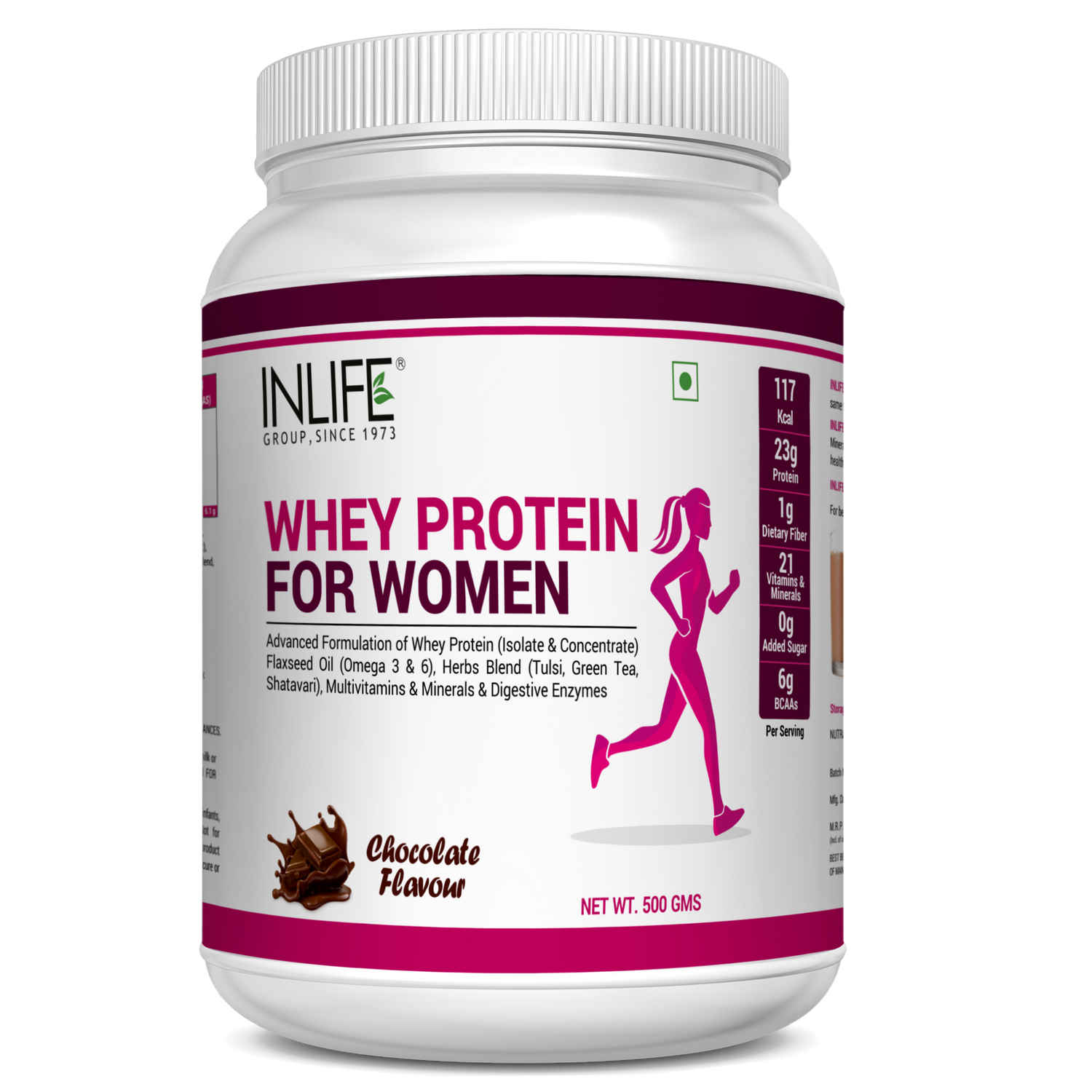 Buy INLIFE Whey Protein Powder for Women with Ayurvedic Herbs, 23g Protein, 21 Vitamins Minerals, Omega 3 6 from Flaxseeds, Digestive Enzymes, with Hair Skin Nails, Weight Management & Better Metabolism Support (500g, Chocolate) - Purplle