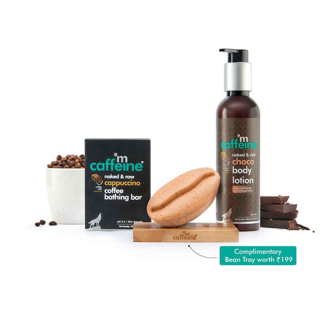 Buy mCaffeine Daily Cappuccino Bath Kit | Free Handcrafted Bean Tray | Polishes, Moisturizes | Coffee Bathing Bar Soap, Choco Body Lotion | Mineral Oil Free 300 gm - Purplle