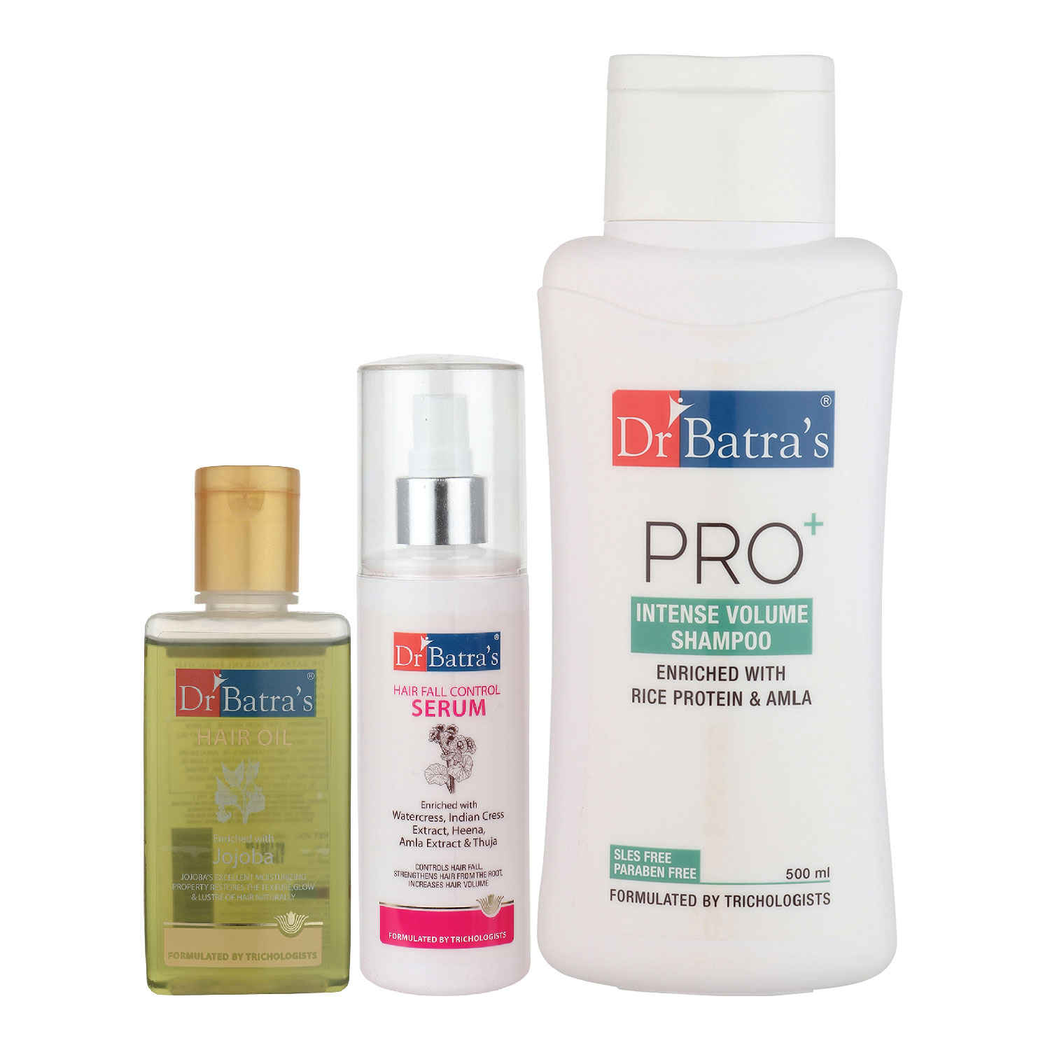 Buy Dr Batra's Hair Fall Control Serum-125 ml, Pro+ Intense Volume Shampoo - 500 ml and Hair Oil - 100 ml - Purplle
