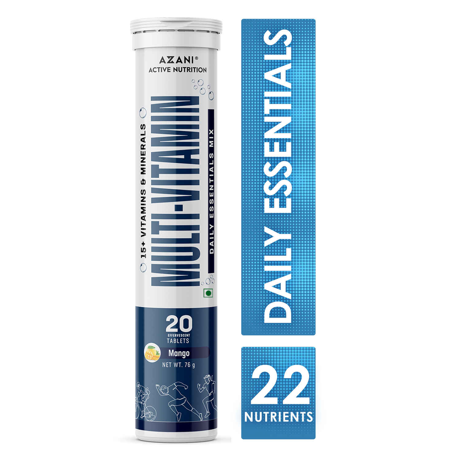 Buy Azani Active Nutrition 22 Essential Multivitamins & Minerals for Men & Women with 100% RDA of Vit B Complex, C, E, Biotin, Zinc for Heart, Muscle & Brain Health - 20 Effervescent Tablets, Mango Flavor - Purplle