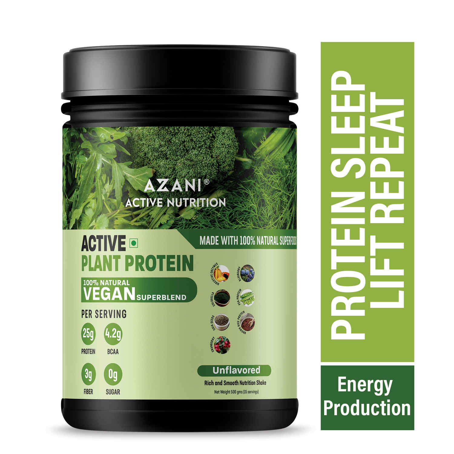 Buy Azani Active Nutrition Vegan Plant Protein Power, Unflavored Flavour, 25g Protein + 4.05g BCAA per serving with Superfoods and Natural Digestive Enzymes - 500 grams/15 servings - Purplle