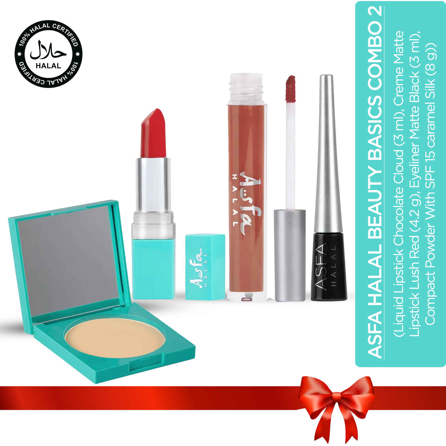Buy Asfa Halal Beauty Basics Combo 2 (Liquid Lipstick Chocolate Cloud (3 ml), Creme Matte Lipstick Lush Red (4.2 g), Eyeliner Matte Black (3 ml), Compact Powder With SPF 15 caramel Silk (8 g)) - Purplle