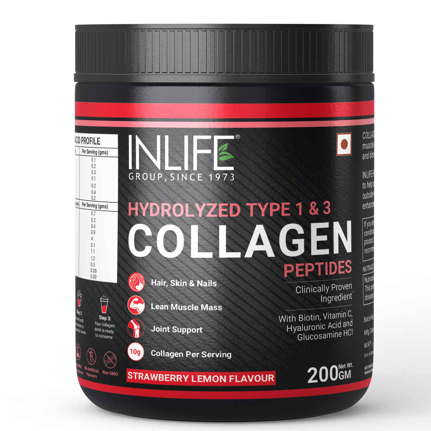 Buy INLIFE Hydrolyzed Collagen Powder Supplement Peptides Type 1 and 3 with Biotin Vitamin C Hyaluronic Acid Glucosamine HCL - 200g (Strawberry Lemon Flavour) - Purplle