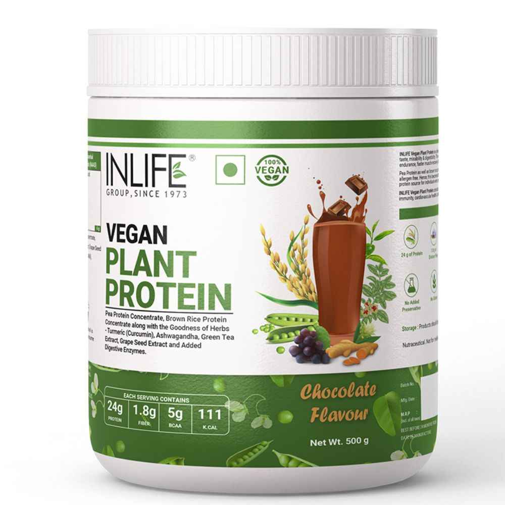 Buy INLIFE Vegan Plant Based Protein Powder 24g Protein (Pea & Brown Rice) 5g BCAA 1.8g Fiber with Ashwagandha Green Tea & Grape Seed Digestive Enzymes Bodybuilding Supplement Men Women (500g, Chocolate) - Purplle