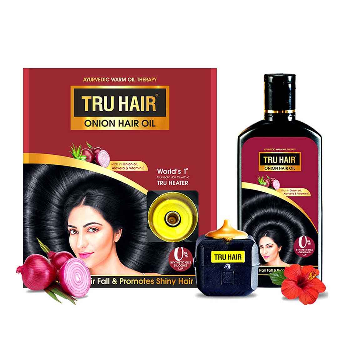 Buy Tru Hair Onion Hair Oil with onion juice & Tea Tree Oil Extract for Hair Fall Control & Healthy Scalp | Free Heater to heat the Oil | Contains 0% Parabens, Silicones & LLPs - 110 ML - Purplle