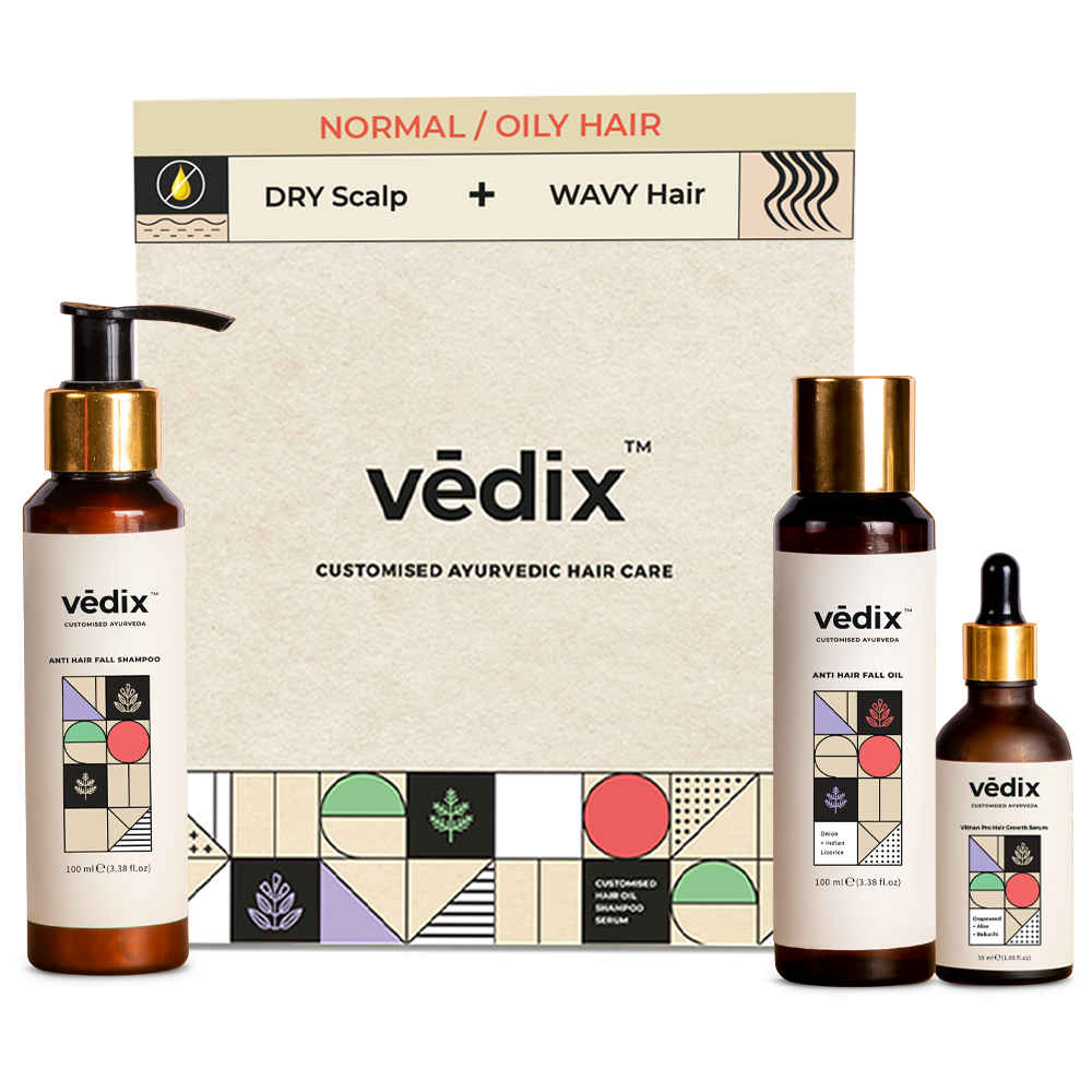 Buy Vedix Customized Hair Fall Control Regimen for Normal/Oily Hair - Dry Scalp & Wavy Hair - 3 Product Ayurvedic Kit - Anti Hair Fall Oil With Onion+Indian Licorice - Anti-Hairfall Shampoo - Vithan Pro Hair Growth Serum - Purplle