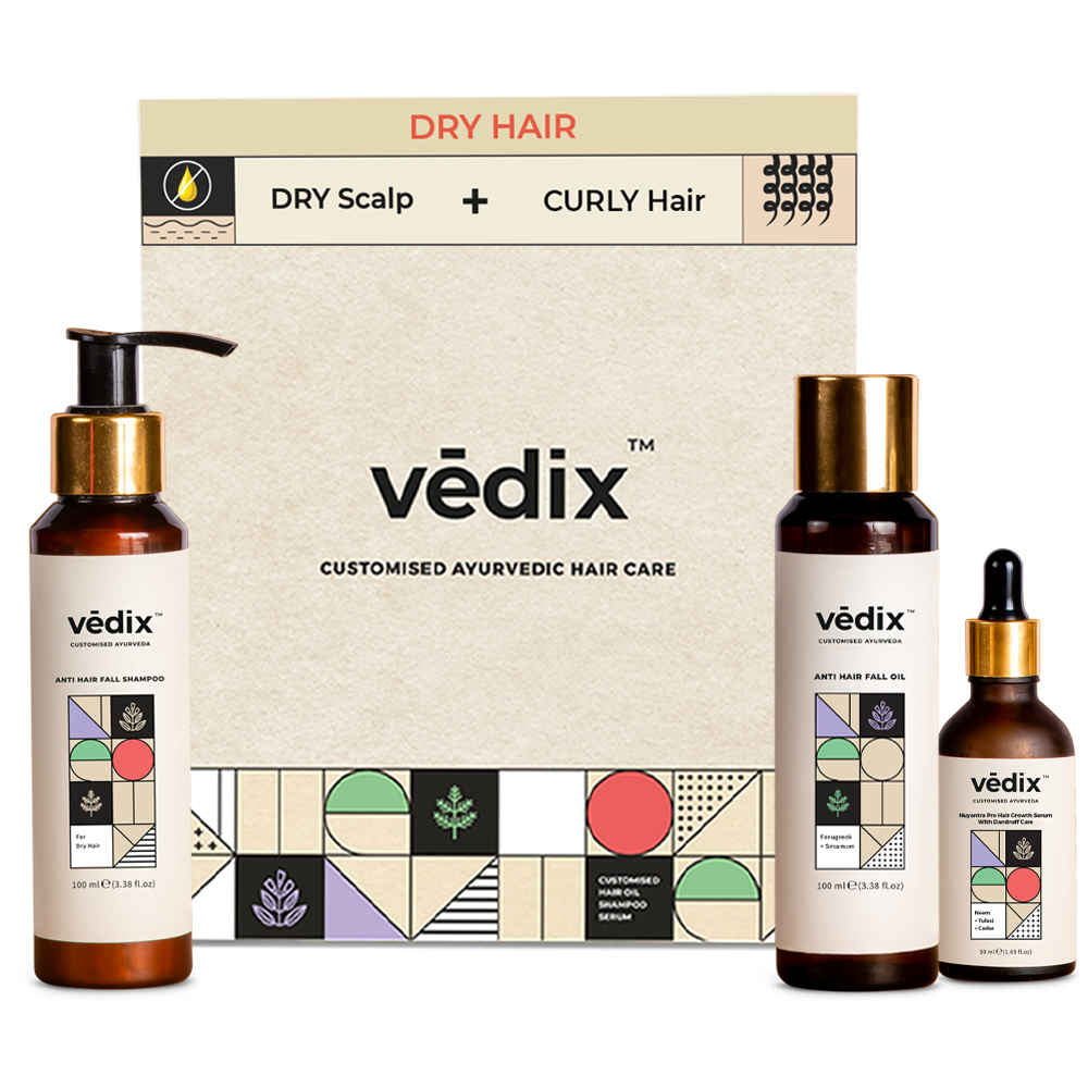 Buy Vedix Customized Hair Fall Control & Dandruff Care Regimen for Dry Hair - Dry Scalp & Curly Hair - 3 Product Ayurvedic Kit - Anti Hair Fall Oil Fenugreek + Sesamum - Anti-Hairfall Shampoo For Dry Hair - Nuyantra Pro Hair Growth Serum x Dandruff Care - Purplle