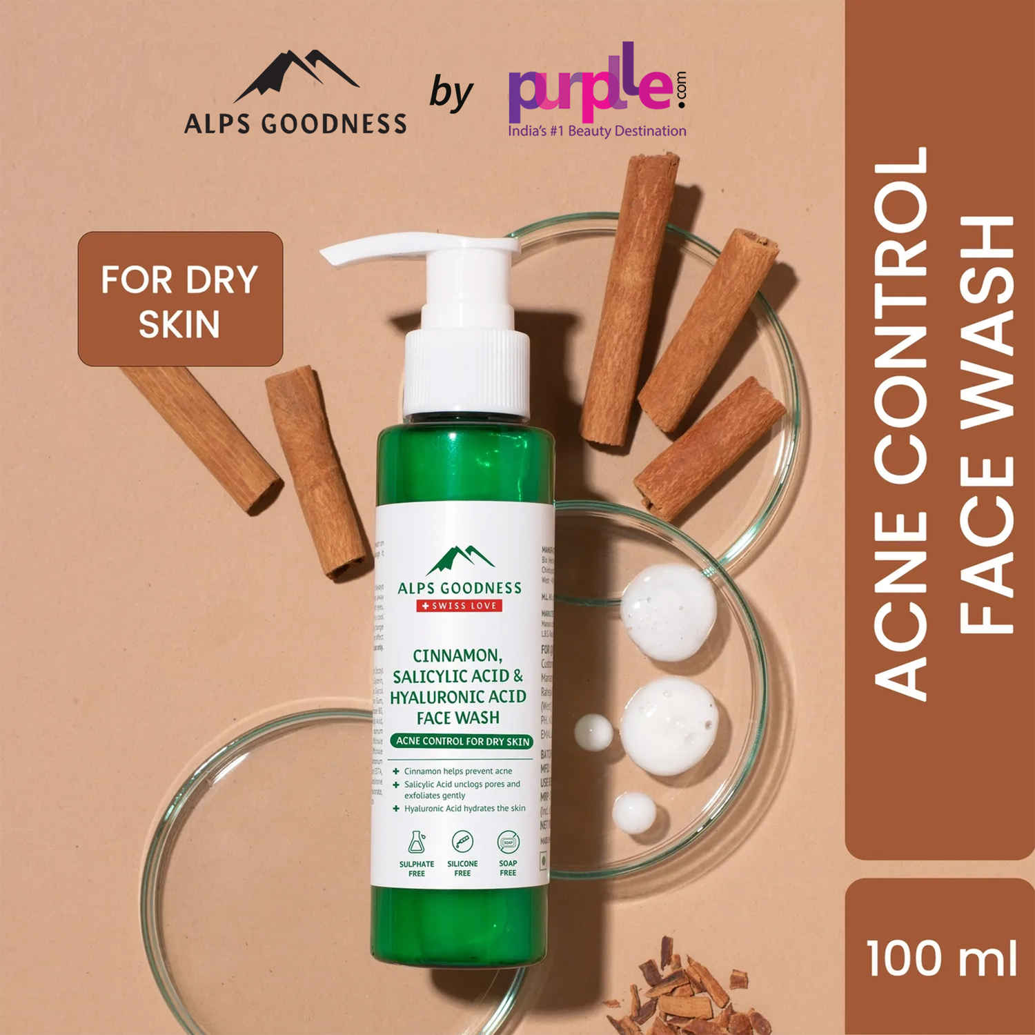 Buy Alps Goodness Acne Control Facewash For Dry Skin with Cinnamon, Salicylic Acid & Hyaluronic Acid (100 ml)| For Acne Prone Dry Skin | Hyaluronic Acid Facewash| Salicylic Acid Face wash - Purplle