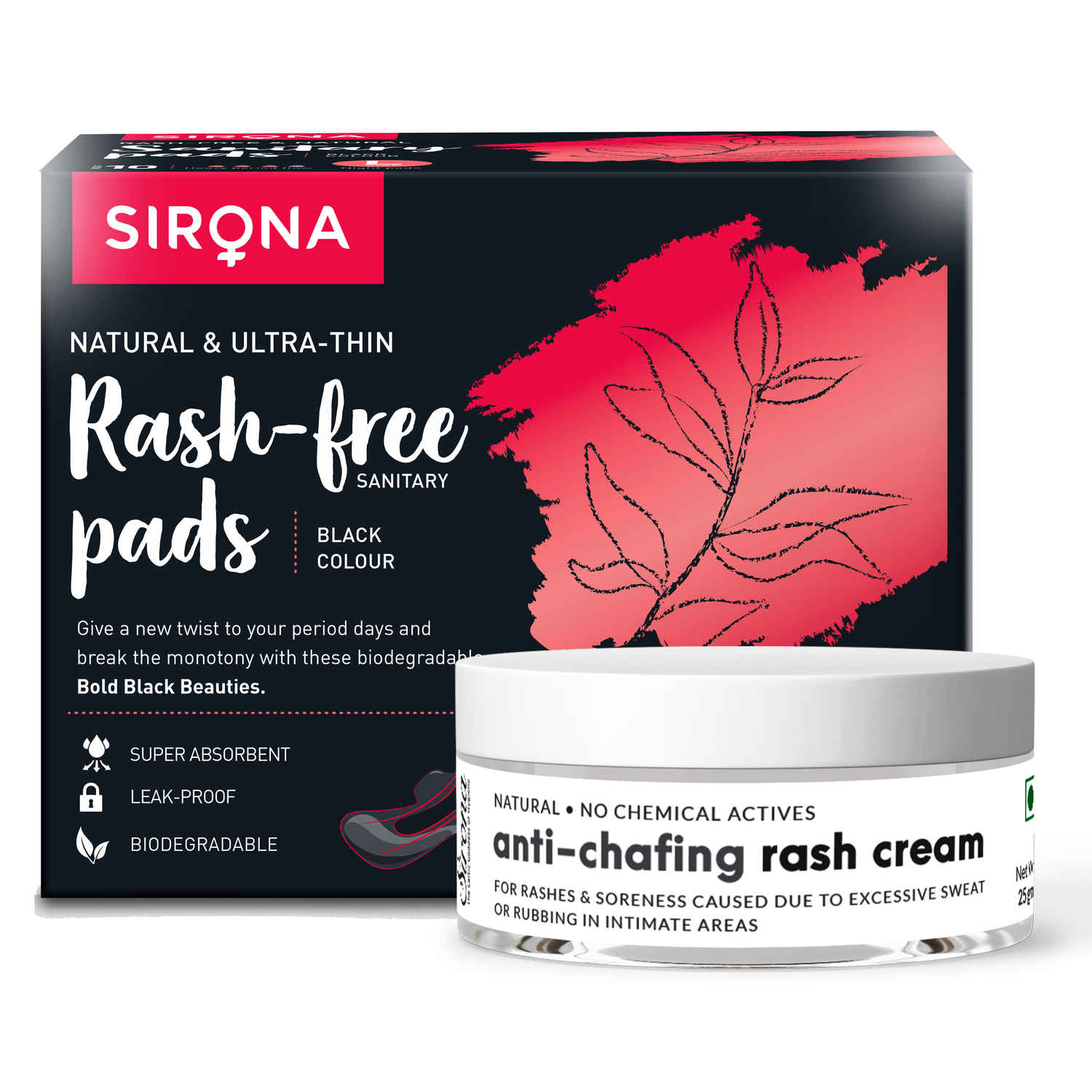 Chafinga Rash Sirona Natural Anti Chafing Rash Cream - 25 gm with Black Sanitary Pads ...