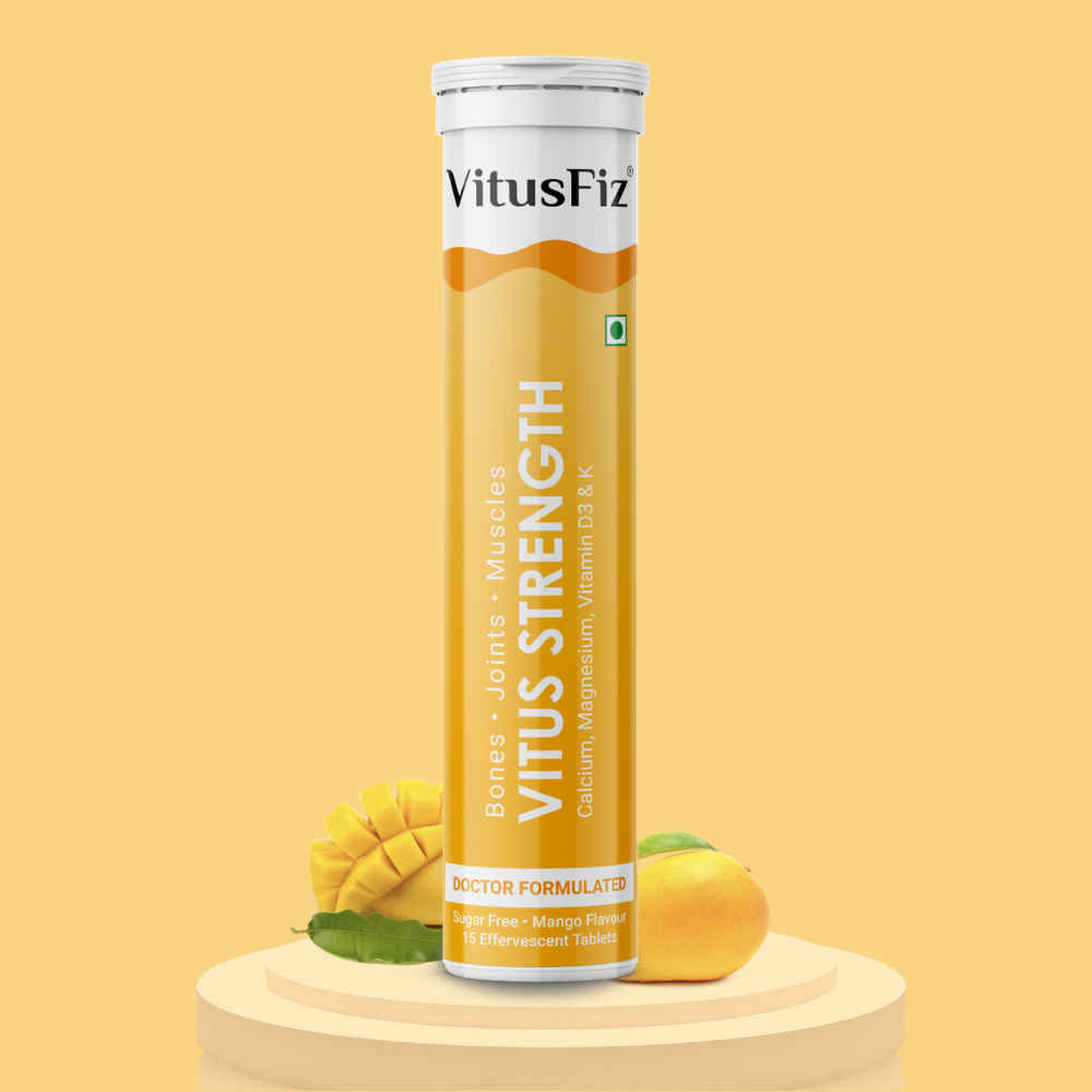 Buy Vitus Strength |Calcium, Vitamin D3 with Magnesium & Vitamin K |Strong & Healthy Bones, Joints and Muscles |15 Effervescent Tablets Mango Flavour - Purplle