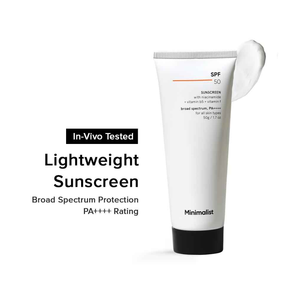 Buy Minimalist SPF 50 Sunscreen with niacinamide + vitamin b5 + vitamin f, broad spectrum, PA++++ for all skin types, 50 gm - Purplle