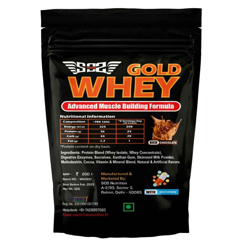 Buy SOS Nutrition Whey Protein GOLD Powder for Men |24g Protein/day | 5.5g BCAAs | Digestive Enzyme | Added Vitamins & Minerals - 1 Serving - Purplle