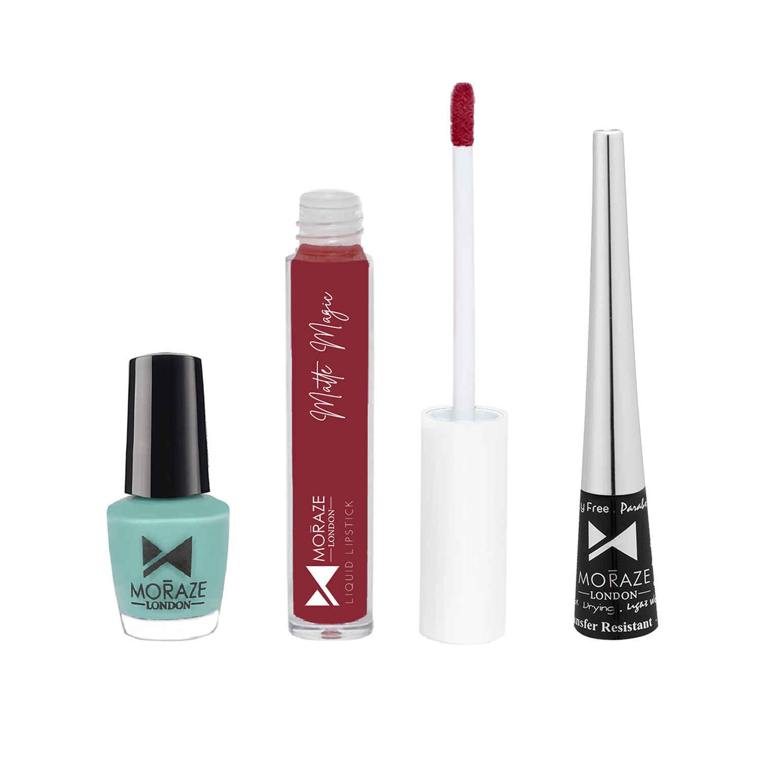 Buy Moraze Combo Pack of Nail Polish (Aquamarine), Eyeliner, & Liquid Lipstick (No Regret) - Purplle