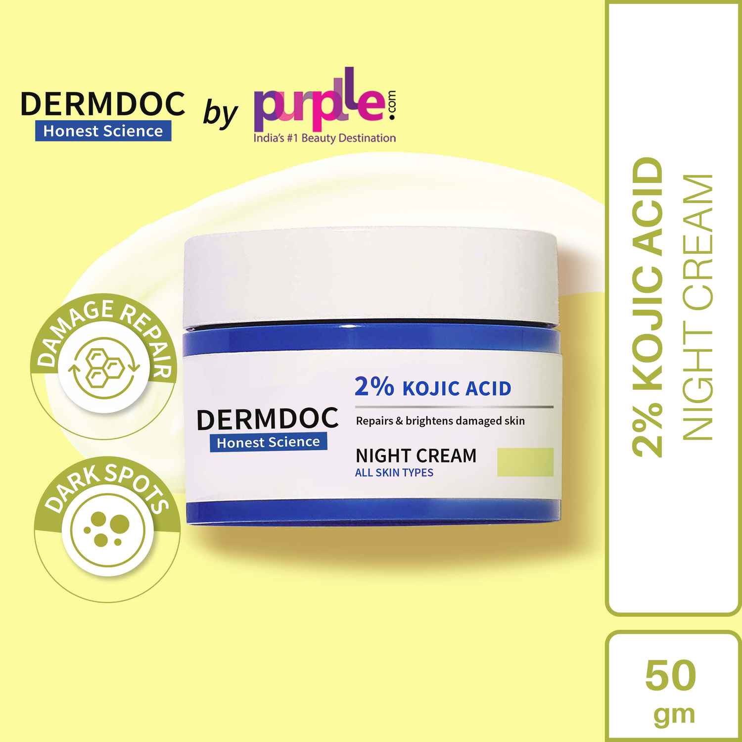 Buy DermDoc Damage Recovery Night Cream with 2% Kojic Acid (50 gm) | For All Skin Type | Lightweight Cream , Lightens blemishes , Treats sun damage scars and age spots | Paraben Free , Silicone Free , Sulfate Free , Cruelty Free - Purplle