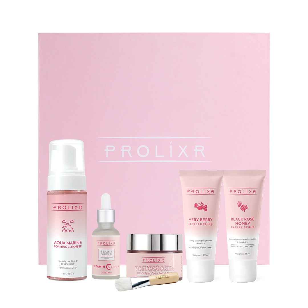 Buy Prolixr Pretty In Pink Gift Box, Sea Algae Mask, Vitamin C Serum, Foaming Cleanser, Rose Honey Facial Scrub, Moisturiser, Skin care Gift - Purplle