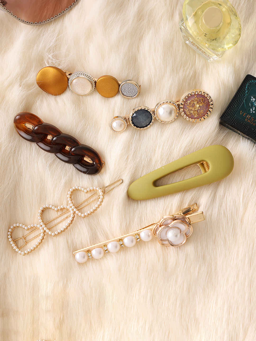 Multi Sizzle Multi-Color Pearls Gold Plated Set of 6 Alligator Hair Clip