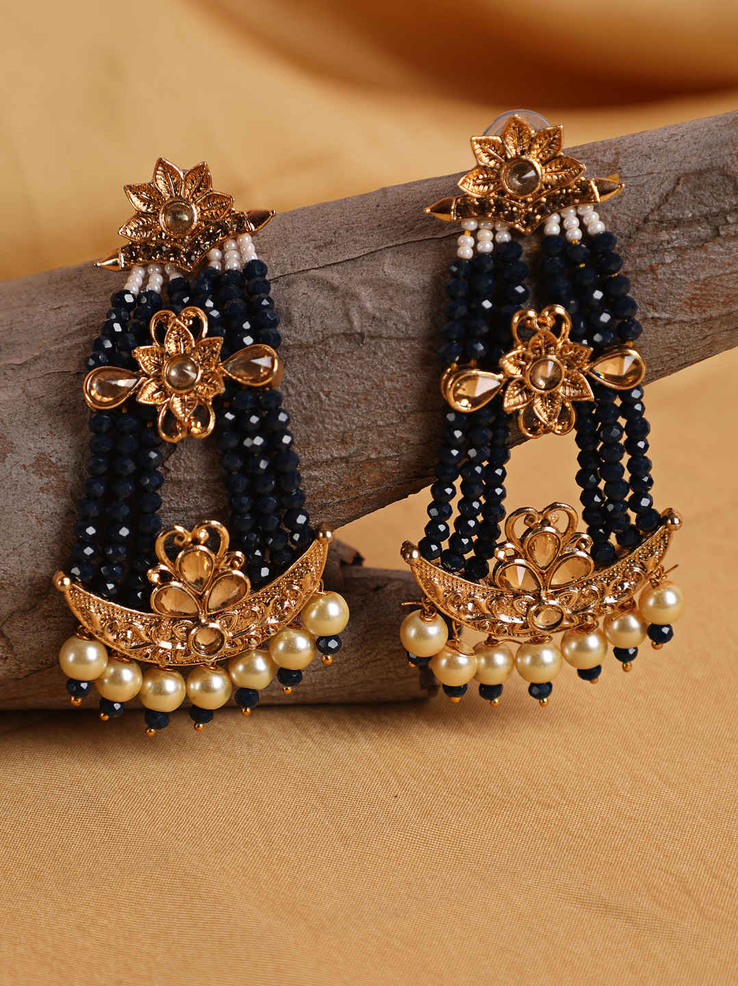 18k Gold Plated Kundan Pearl & Beades Studded Dangle Earrings for Women