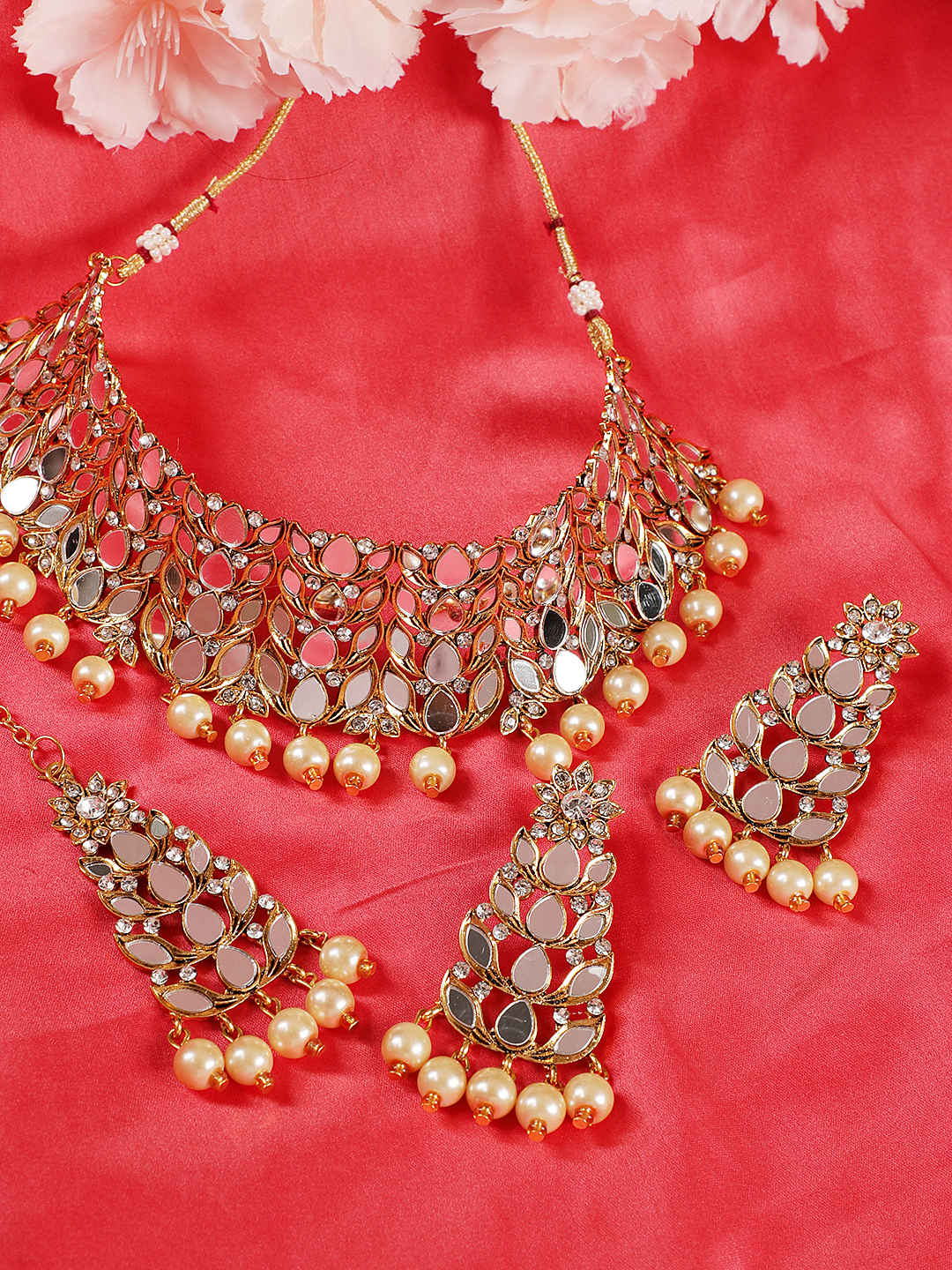 Gold-Plated White Pearl & Golden Beads Studded Beaded Traditional Jewellery Set