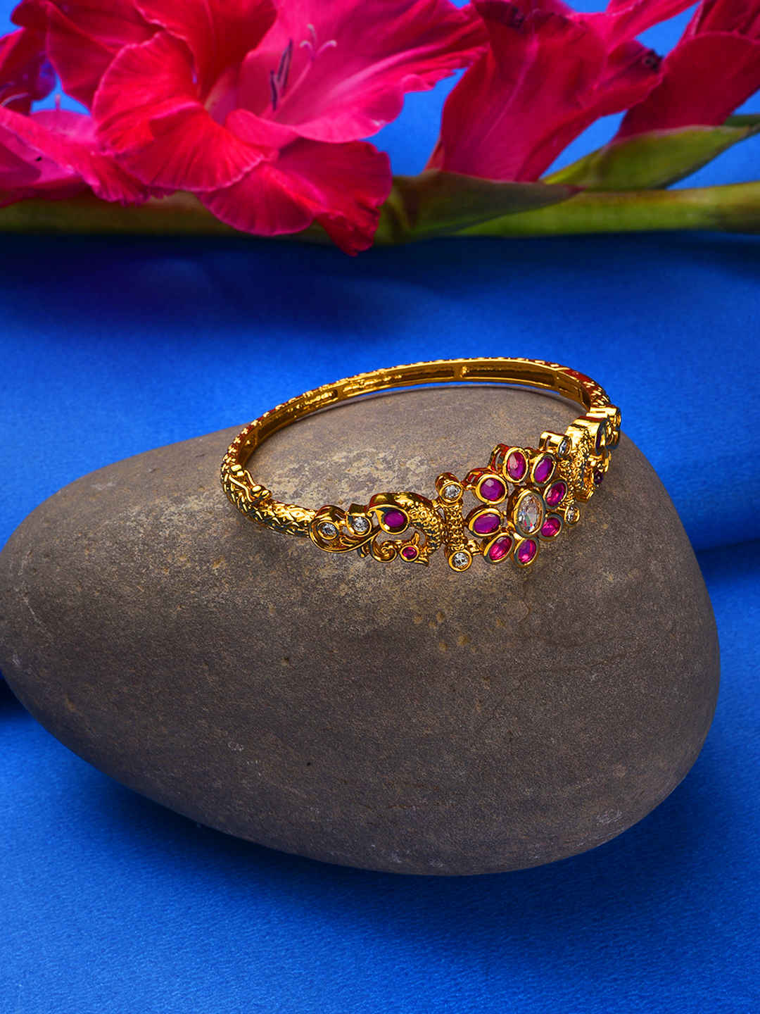 Buy Jazz And Sizzle Gold-Plated White Cubic Zirconia Handcrafted,Pink Stone studded Openable Kada Bracelet - Purplle