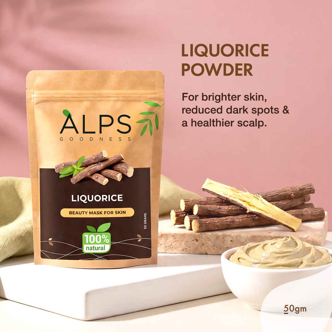 Buy Alps Goodness Powder - Liquorice/ Mulethi (50 gm) | 100% Natural Powder | No Chemicals, No Preservatives, No Pesticides | Can be used for Hair Mask and Face Mask | De tan pack | Tan removal Pack | Pack for hydrating and soothing scalp - Purplle