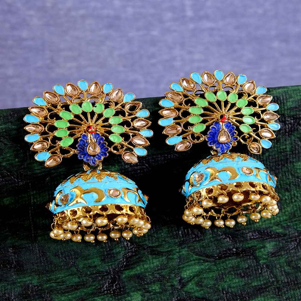 Buy Crunchy Fashion Beautiful Meenakari Peacock Inspired Gold-Plated Blue-Multicolor Jhumka Earrings RAE1141 - Purplle