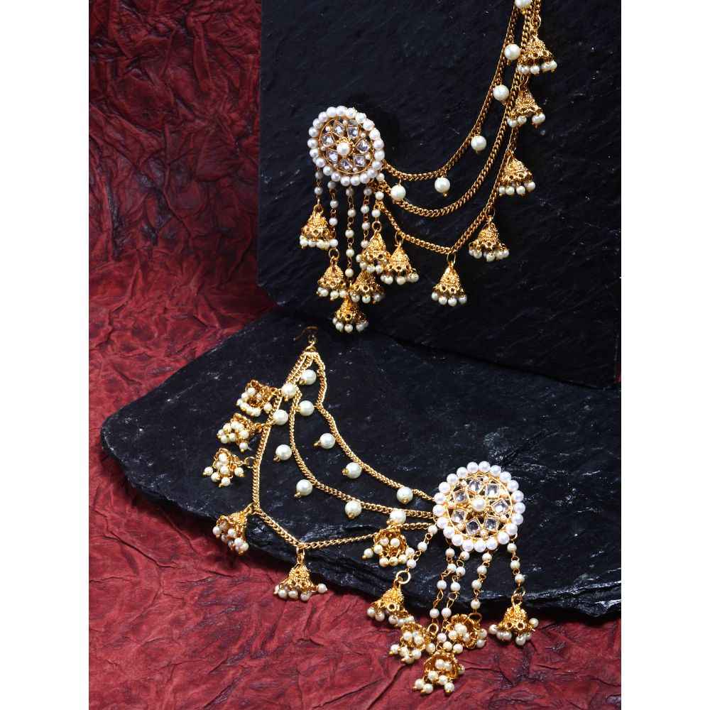 Buy Zeneme Gold-Plated & Off White Circular Drop Earrings With Ear Chain - Purplle