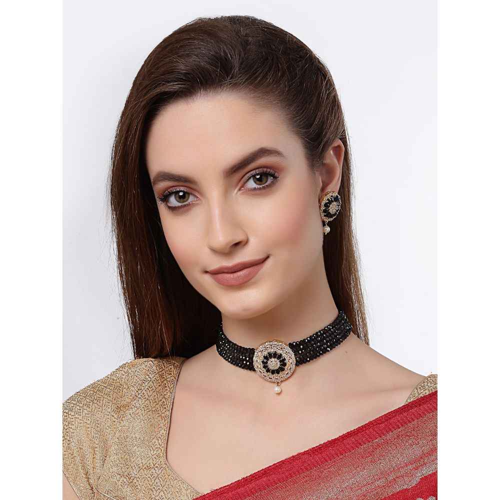 Buy Zeneme Gold-plated Black and White Stone Studded Multistrand Black Beads Choker Necklace - Purplle