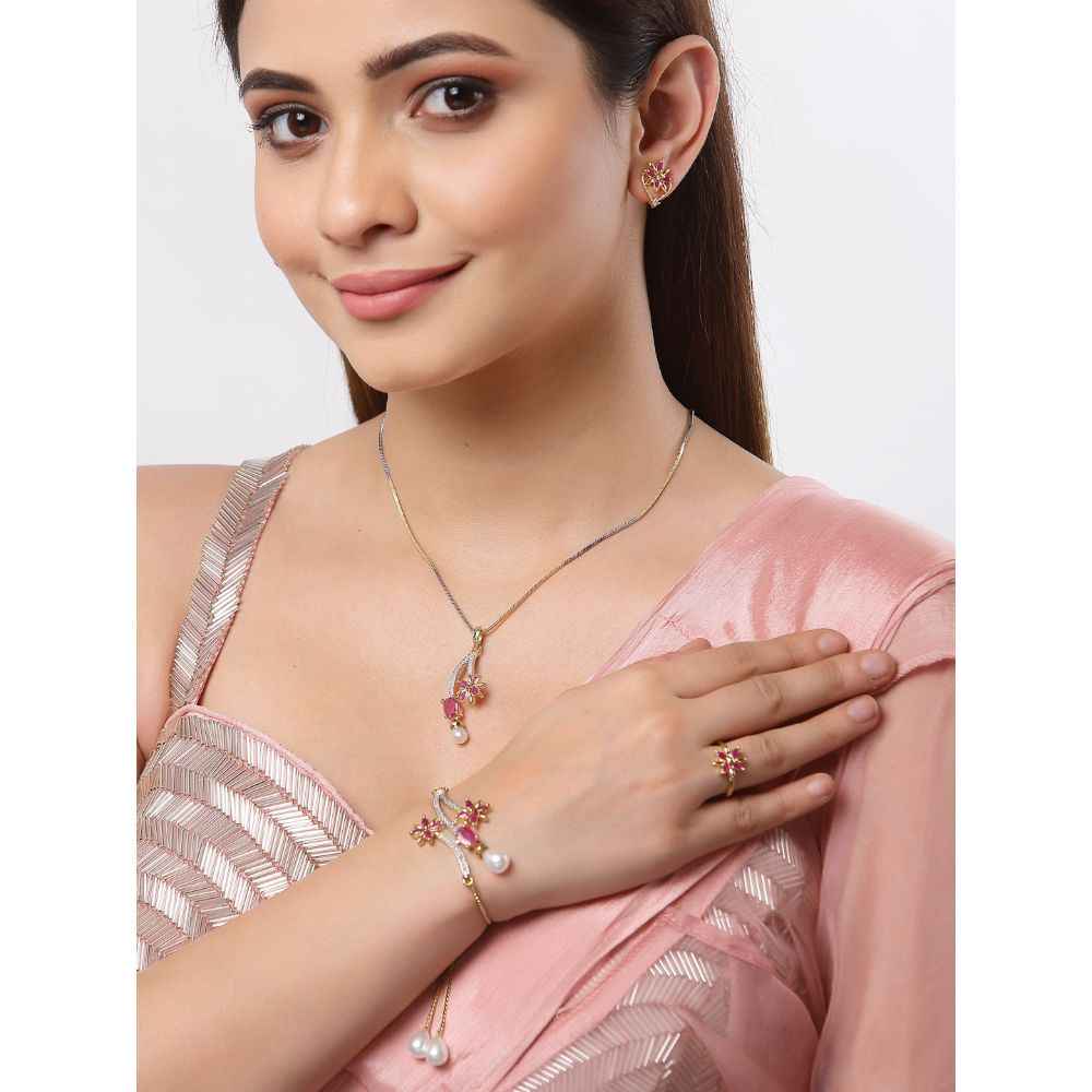 Buy Zeneme Gold-Plated White & Pink American Diamond Stone-Studded Jewellery Set - Purplle