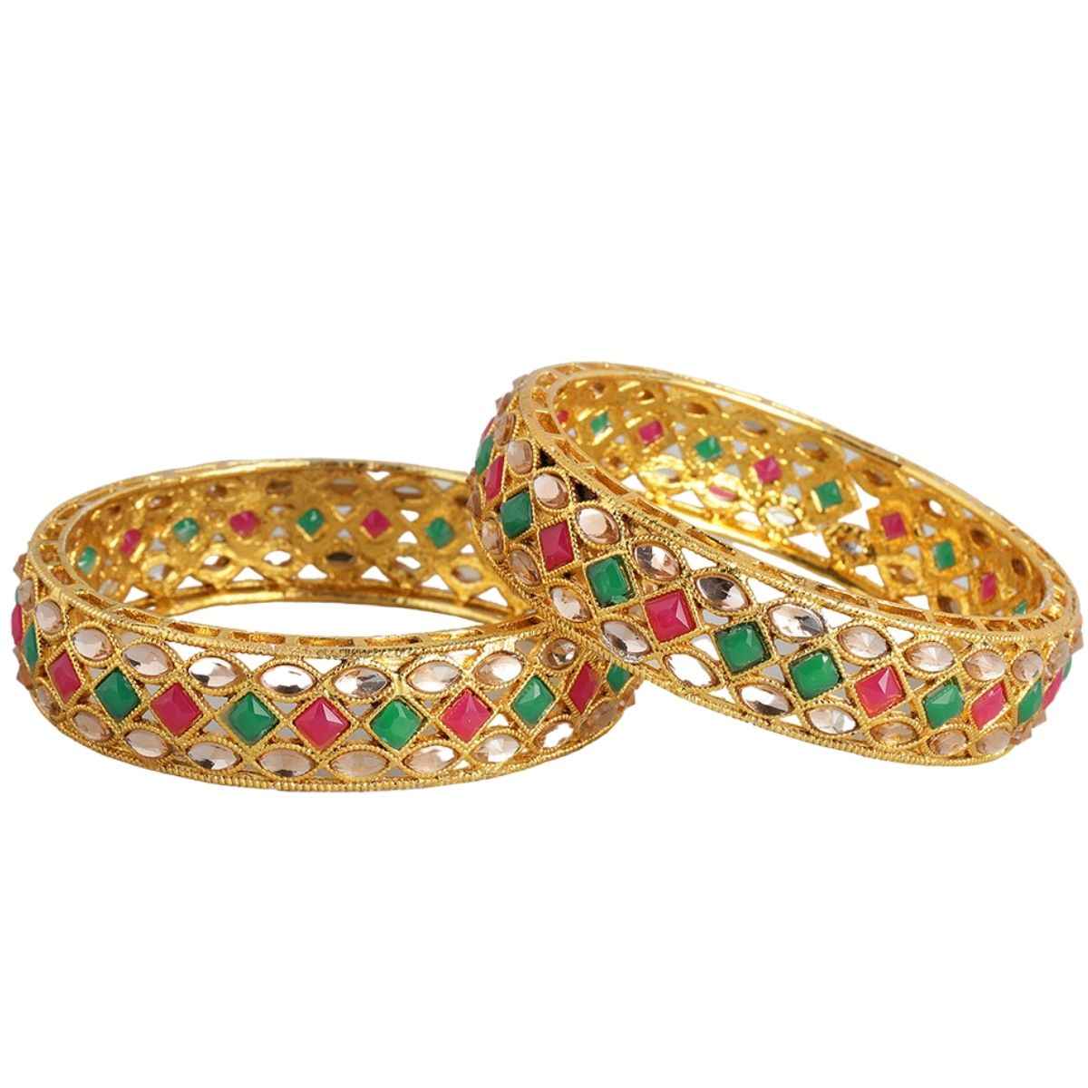 Buy Accessher 22kt Gold plated set of 2 bangles Pink & Green Stone-Studded Sustainable Handcrafted Bangles - 2.4 - Purplle