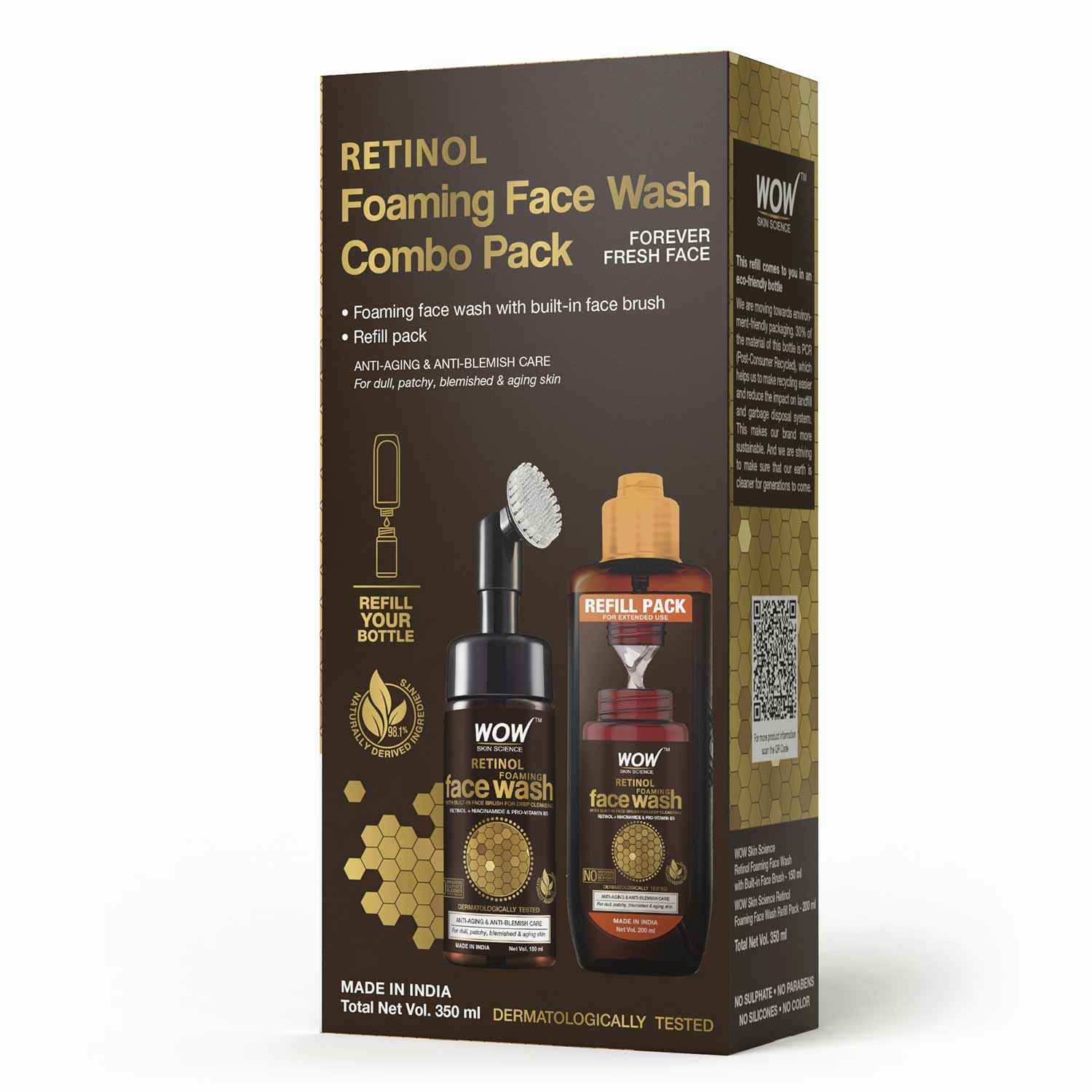 Buy WOW Skin Science Retinol Foaming Face Wash For Fine Lines, Age Spots & Blemishes - Combo Pack - Built-In Face Wash Brush + Refill Pack (350 ml) - Purplle