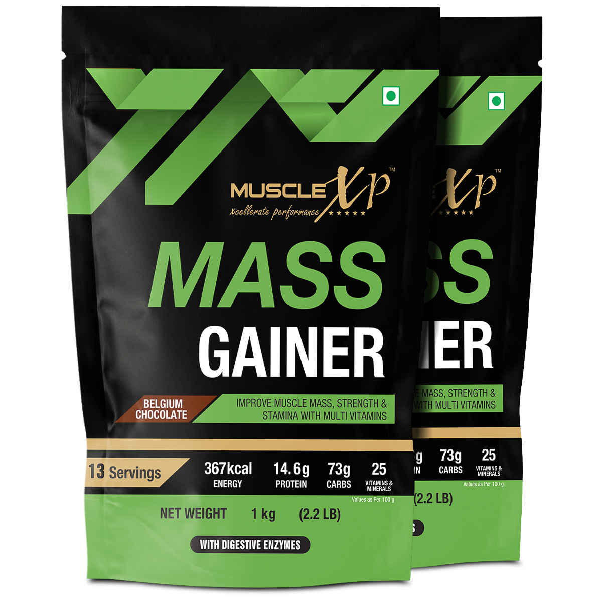 Buy MuscleXP Mass Gainer With 25 Vitamins and Minerals, Lean Whey Protein Muscle Mass Gainer, Digestive Enzymes, Belgium Chocolate, 1kg Pouch (2.2 lb) x Pack Of 2 - Purplle