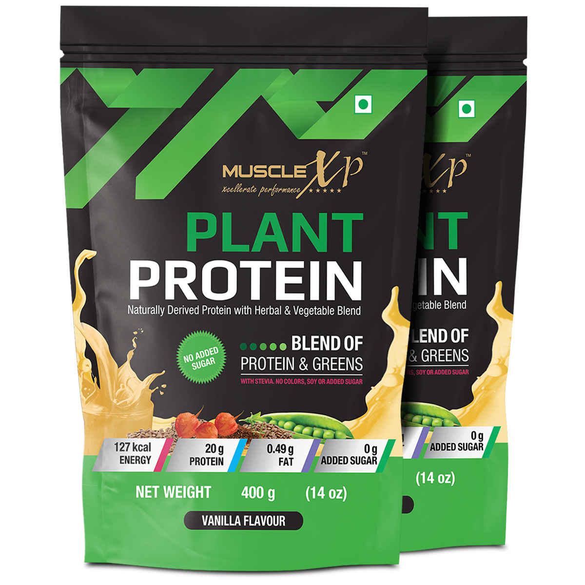 Buy MuscleXP Plant Protein - Natural Protein Powder with Pea Protein, Herbal and Vegetable Blend, Vanilla Flavour, 400gm Pouch x Pack Of 2 - Purplle